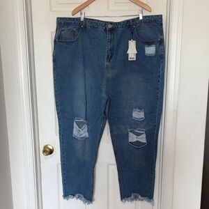 Boohoo Plus Blue Distressed High Waist Mom Jeans Size 22